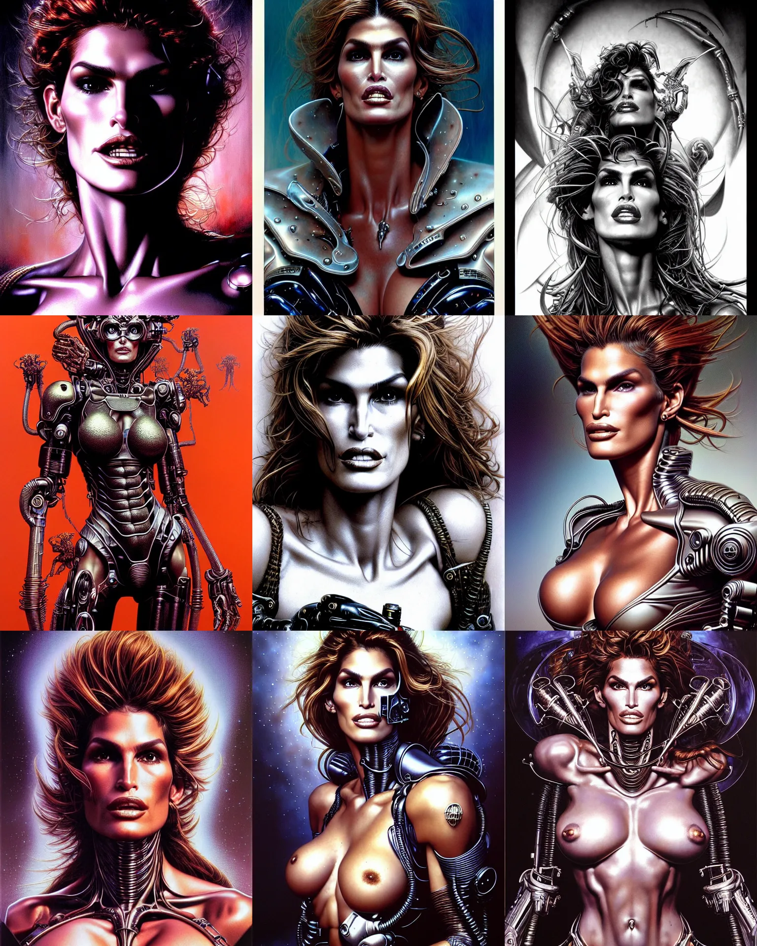 Prompt: a portrait of cindy crawford fantasy character portrait, ultra realistic, cinematic, cinematic, wide angle, intricate details, cyborg, highly detailed by aaron horkey, boris vallejo, wayne barlowe, craig mullins, roberto ferri