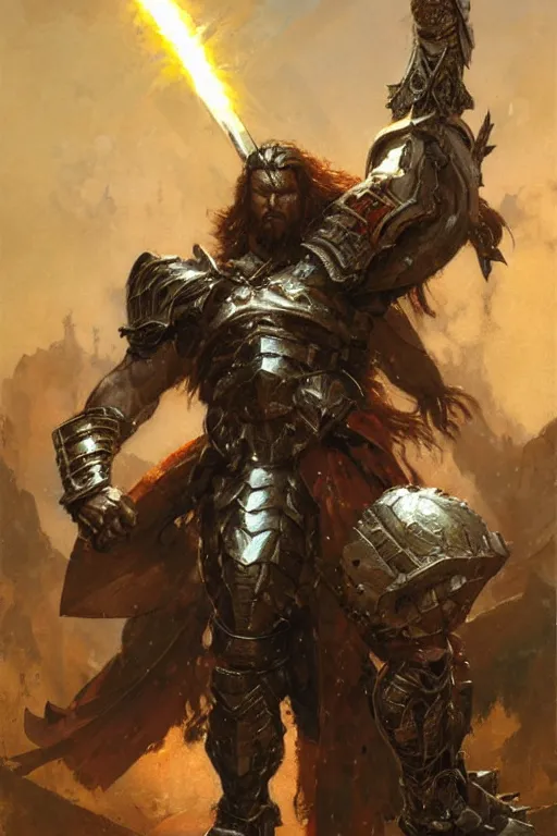 Prompt: towering metal armoured barbarian with two lightning hand axes, portrait dnd, painting by gaston bussiere, craig mullins, greg rutkowski, yoji shinkawa