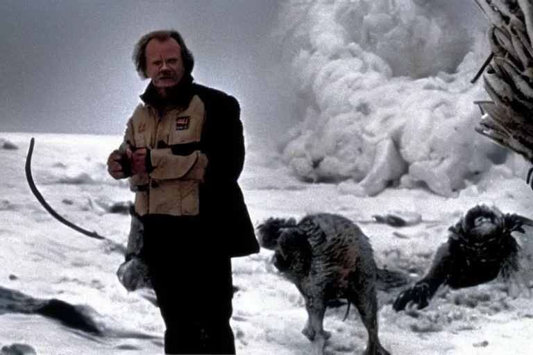 Image similar to Donald Tusk in a still from the movie The Thing (1982) directed by John Carpenter, cold outdoors