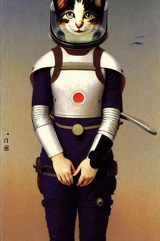 Image similar to portrait of a cat astronaut with japanese armor and helmet, by bouguereau