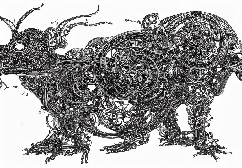 Prompt: spacious schematic blueprint of highly detailed ornate filigreed convoluted ornamented elaborate cybernetic rat, full body, character design, inside frame, art by da vinci