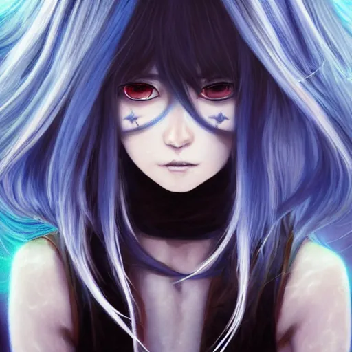 Prompt: imaginative painting of rimuru tempest, sky blue straight hair, long bangs, with amber eyes, wearing a black jacket, high collar, ultra detailed, brush strokes, skin texture, digital painting, cinematic, wlop artstation, closeup, pixiv, eerie, scary, intimidating glare, evil, junji ito, yoshitaka amano