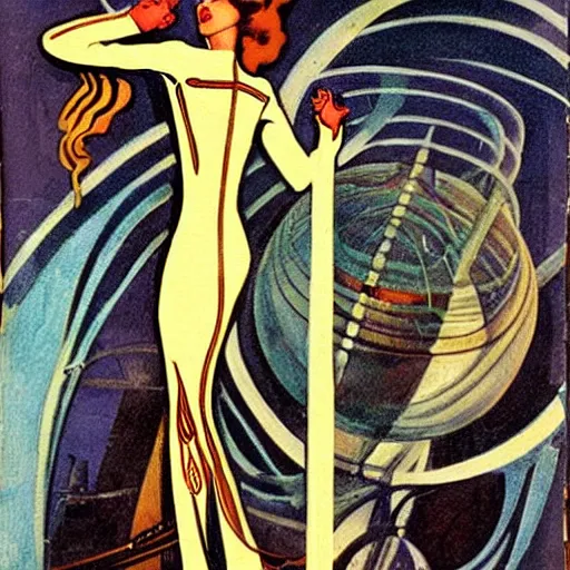 Prompt: Art Nouveau pulp sci fi magazine painting with no text, a woman wearing a 1920s space costume designed by HR Giger