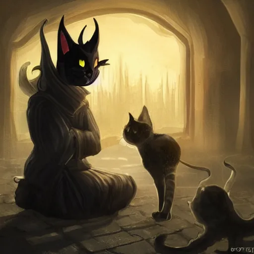 Prompt: concept art, devil offers money to a cat, high quality, detailed, eerie atmospher