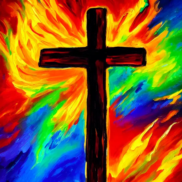 Prompt: cross on fire burning in flames, rainbow colors, oil painting, bold strokes