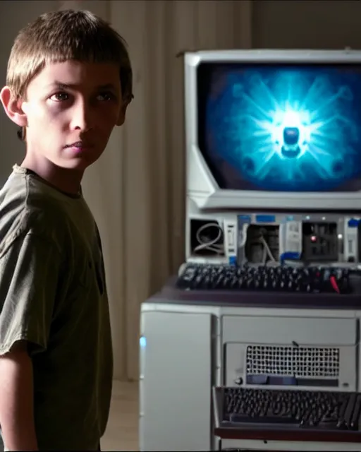 Image similar to 8k professional photo of an 8 years old enlightened and scared boy standing in front of an old computer from 90s with a game doom2 at the monitor screen, still from a 2021 movie by Alfonso Cuaron and James Cameron