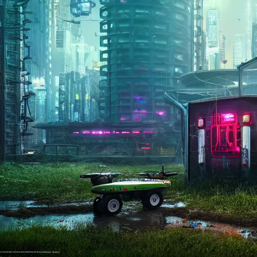 Image similar to fully detailed landscape of a cyberpunk cunderground , watertank, futuristic tractors, farmhouse, mushroom, overgrowth, Ai , Bots , drones , cinematic lightening, in the future, high quality, 8k , octane render, trending on artstation , greg rutowski