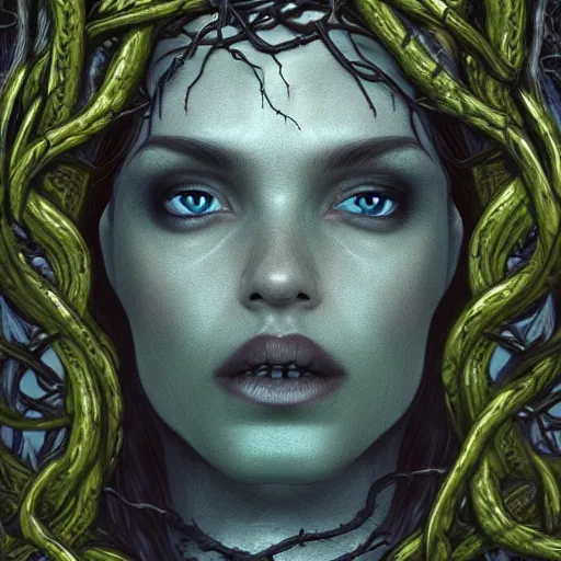 Prompt: dramatic portrait of the dark queen of snakes, wearing a crown of thorned vines, blue skin, wrapped in snakes, realism, dark fantasy illustration, surrounded by twisting forest, dynamic lighting, detailed textures, octane render, artstation