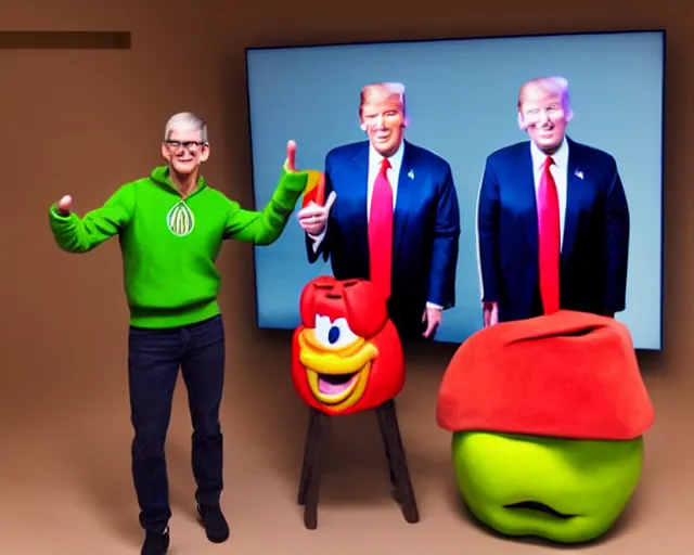 Prompt: color studio photo of tim cook wearing an apple costume with donald trump giving a thumbs up