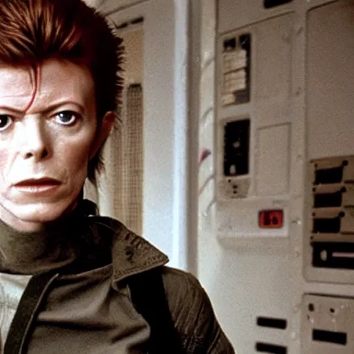 Image similar to david bowie stars in a scene as ellen ripley in ridley scott's alien, promotion movie still