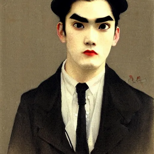 Image similar to full body painting of grumpy handsome thin beautiful man with thick eyebrows in his 2 0 s named min - jun in a french maid outfit, modern clothing, elegant, clear, painting, stylized, delicate facial features, stylized thin lines, soft but grumpy, highly detailed, art, art by egon alphonse yamamoto