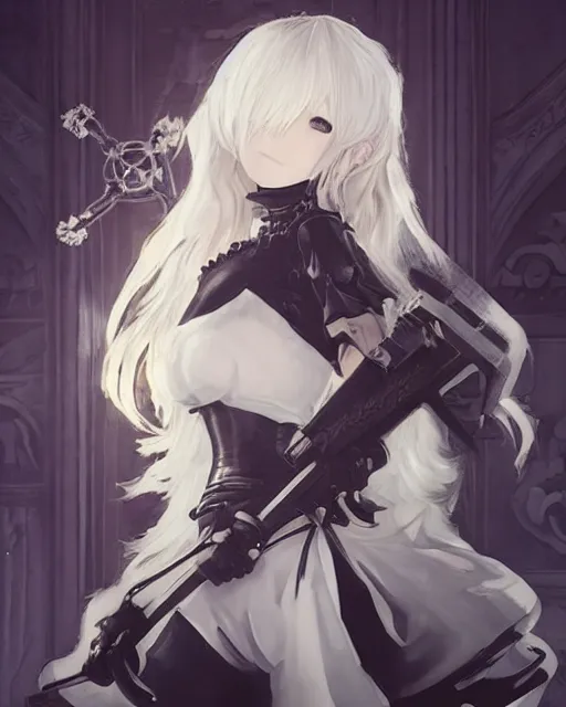 Prompt: hybrid nierautomata painting, ambient lighting, angel relief, cute - fine - face, infinitely detailed architectures