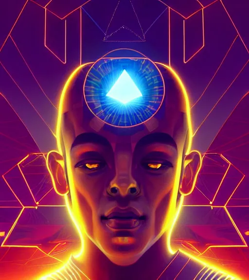 Image similar to symmetry!! egyptian god of technology, solid cube of light, hard edges, product render retro - futuristic poster scifi, lasers and neon circuits, brown skin handsome egyptian god, intricate, elegant, highly detailed, digital painting, artstation, concept art, smooth, sharp focus, illustration, dreamlike, art by artgerm