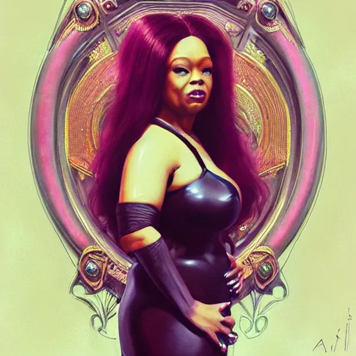 Image similar to cyberpunk fat oprah winfrey head domme mistress, full body, dominatrix, tribal, smooth white tight clothes suit, ornate, very beautiful, concept art, realistic painting, androgynous, afrofuturism, daz 3 d, cinematic, cgsociety, digital art by greg rutkowski, by alphonse mucha,