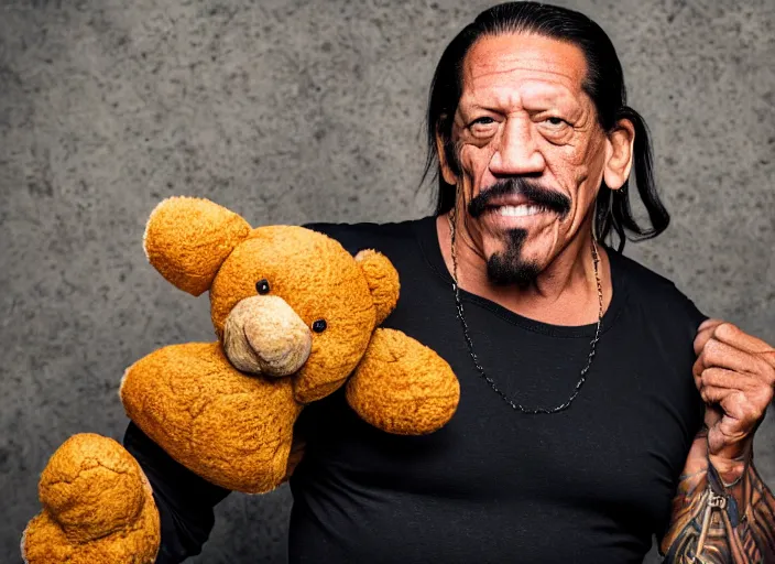 Image similar to photo still of danny trejo at the county fair!!!!!!!! at age 5 6 years old 5 6 years of age!!!!!!!! holding a teddy bear he won, 8 k, 8 5 mm f 1. 8, studio lighting, rim light, right side key light