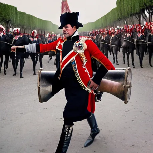 Image similar to portrait of emmanuel macron dressed as napoleon in a paris street dragging a cannon behind him, natural light, sharp, detailed face, magazine, press, photo, steve mccurry, david lazar, canon, nikon, focus