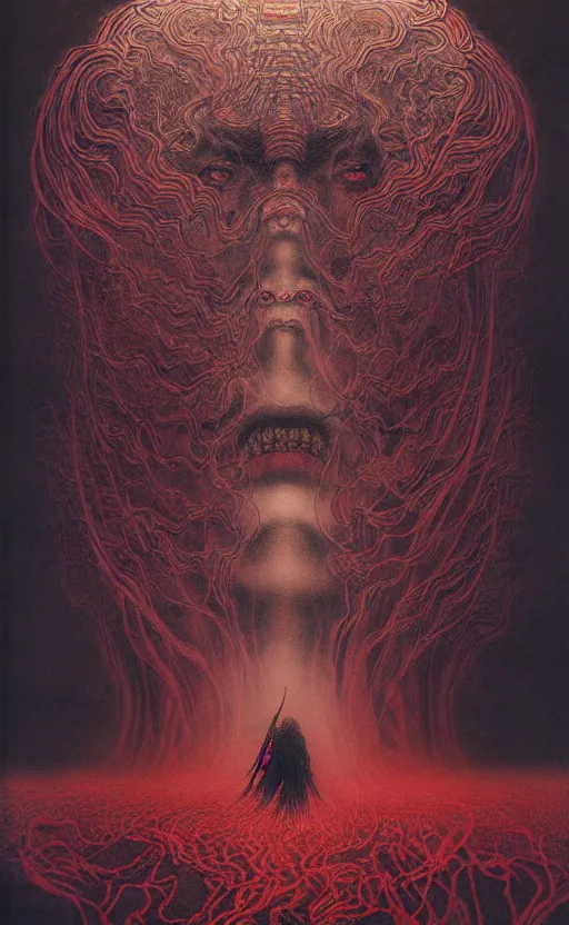 Image similar to zhongyuan festival, chinese ghost festival, king of hell, inside page of comic book, psychedelic lights and fog, in the style of zdzislaw beksinski, ayami kojima, takato yamamoto, barclay shaw, karol bak, glowing light and shadow, hyperrealist