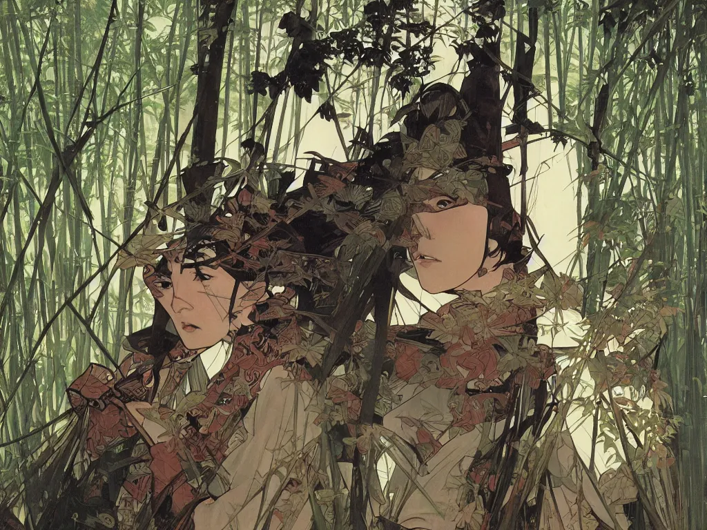 Image similar to a wandering samurai in full armor sitting in a dark bamboo forest, by fiona staples, range murata, alphonse mucha