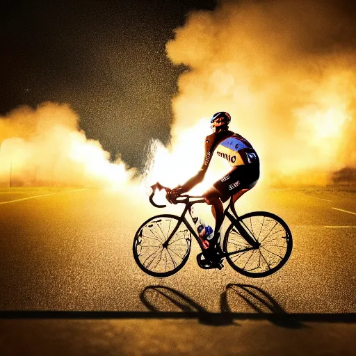 Image similar to sport photography of lance amstrong biking on the tour de france ( tdf ) with a huge lit rocket on his back, motion blur, 8 0 mm, f 4. 0, golden hour, trending on artstation, hyper realistic