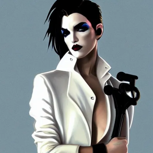 Image similar to beautiful portrait of androgynous ruby rose as desire from sandman in a white tuxedo!!!, rockabilly style,, by alphonse mucha, by jeremy mann, by peter lindbergh, dave mckean, by frank moth, by cedric peyravernay, white suit and black tie, soft lightning, high detailed, 8 k