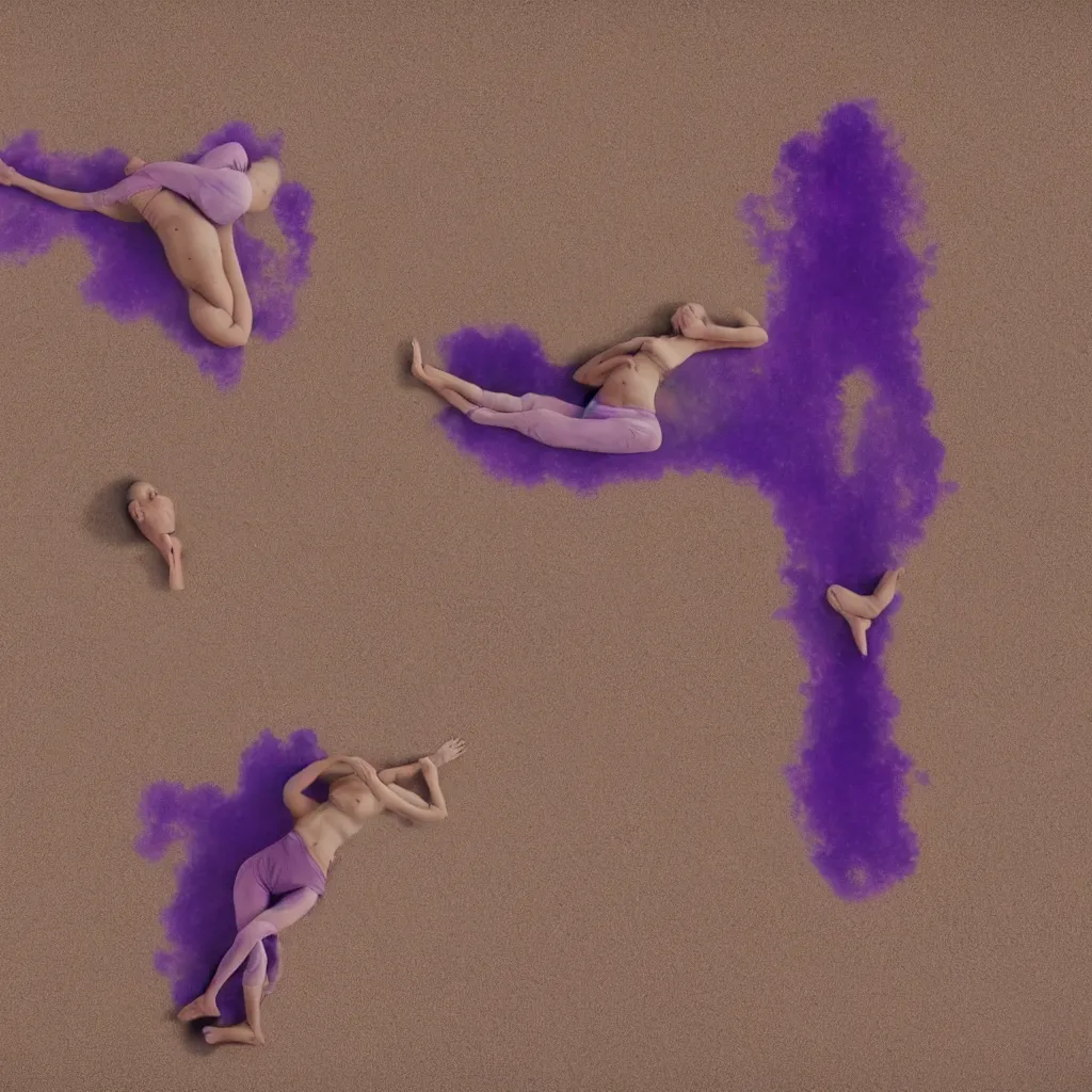 Image similar to overhead view of iridiscent oil spill in desert sand tempest with women corpses connected by cables and computers to wax forms to a buried baby relaxing on yoga mat, faded, purple gradient, dust, purple fog, depth of field, by werner herzog, hans bellmer and nadav kander, 8 k, sad atmosphere, cinematic