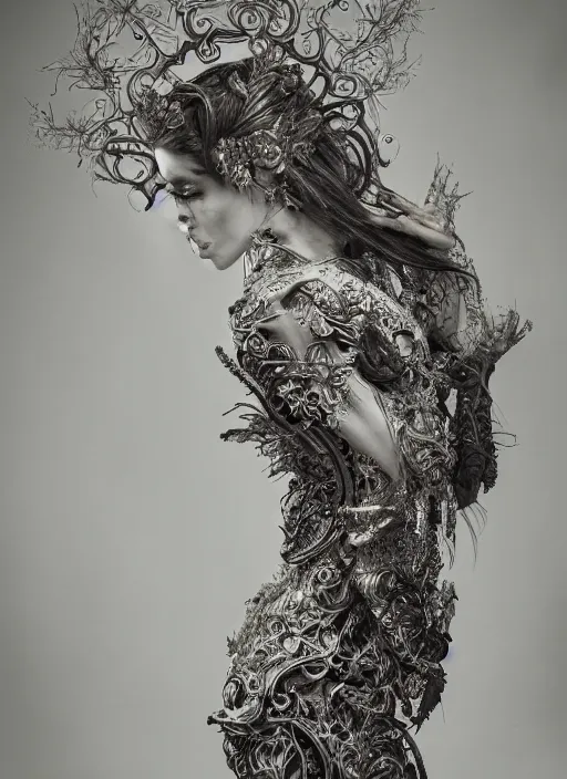 Prompt: a portrait of a female by stefan geselle and nekro borja, photorealistic, intricate details, hyper realistic, fantasy, elegant, baroque, ornate, photorealistic, canon r 3, photography, wide shot, symmetrical features, symmetrical pose, wide angle shot, head to toe, standing pose, feet on the ground, wearable art