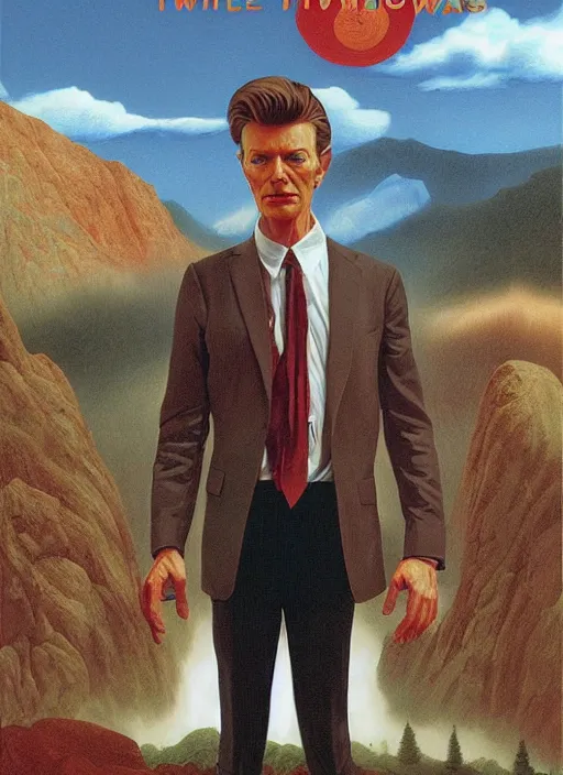 Prompt: twin peaks poster art, portrait of david bowie arriving in small town, by michael whelan, rossetti bouguereau, artgerm, retro, nostalgic, old fashioned