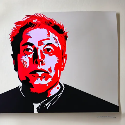 Image similar to elon musk's face logo as a silkscreen print art / serigraphy designs cut out of paper or another thin, strong material and then printed by rubbing, rolling, or spraying paint or ink through the cut out areas