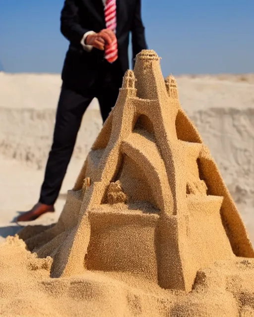 Prompt: a detailed sandcastle made of male anthropomorphic vulpes vulpes fulva teacher wearing suit, beautiful composition, cinematic lighting, vibrant epic