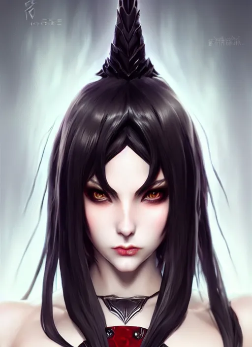 Image similar to full plate armor!!! beautiful and elegant dark hair female vampire!! gorgeous ayes!! character concept art, sharp focus, octane render! unreal engine 5! highly rendered!! trending on artstation!! detailed linework!! illustration by artgerm, wlop, and chie yoshii