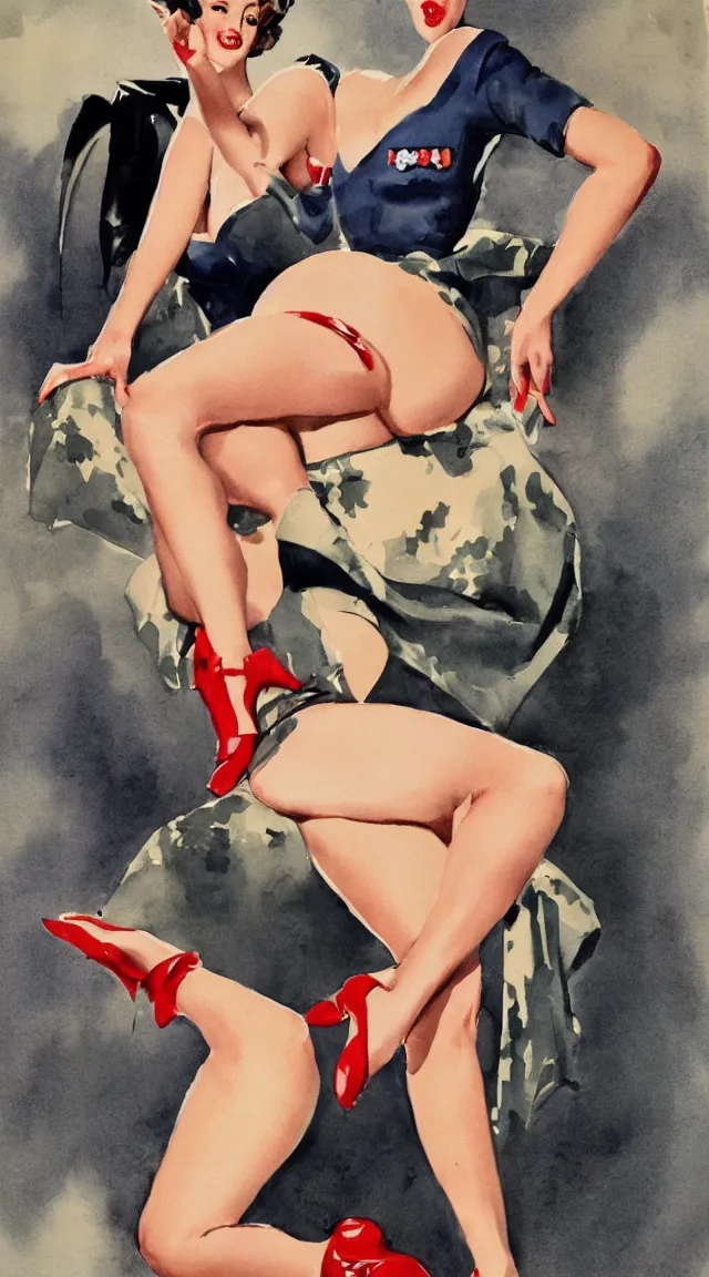 Prompt: a full body portrait of pin up post war dressing a military unioform,with, water color, Gil Elvgren style