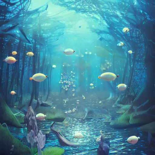 Image similar to school of fish swimming in the magical forest under the water , dreamy, magical effect, glowing effect, devianart, artstation, hyperreal, hyperdetailed, illustration