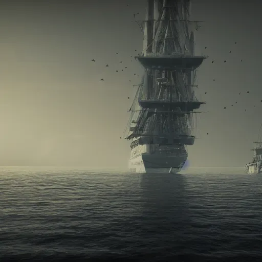 Prompt: A photo of huge floating ship surrounded by dementors, realism, octane render, 8k