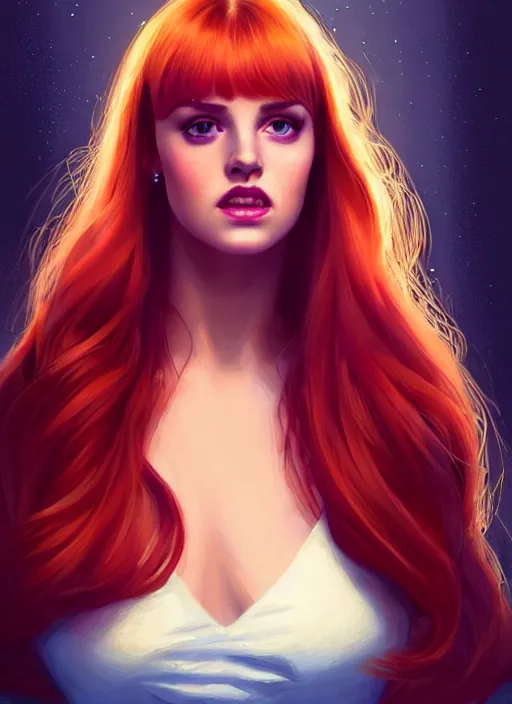 Image similar to full body portrait of teenage cheryl blossom, bangs, green eyes, mischievous expression, red hair, sultry smirk, bangs and wavy hair, intricate, elegant, glowing lights, highly detailed, digital painting, artstation, concept art, smooth, sharp focus, illustration, art by wlop, mars ravelo and greg rutkowski