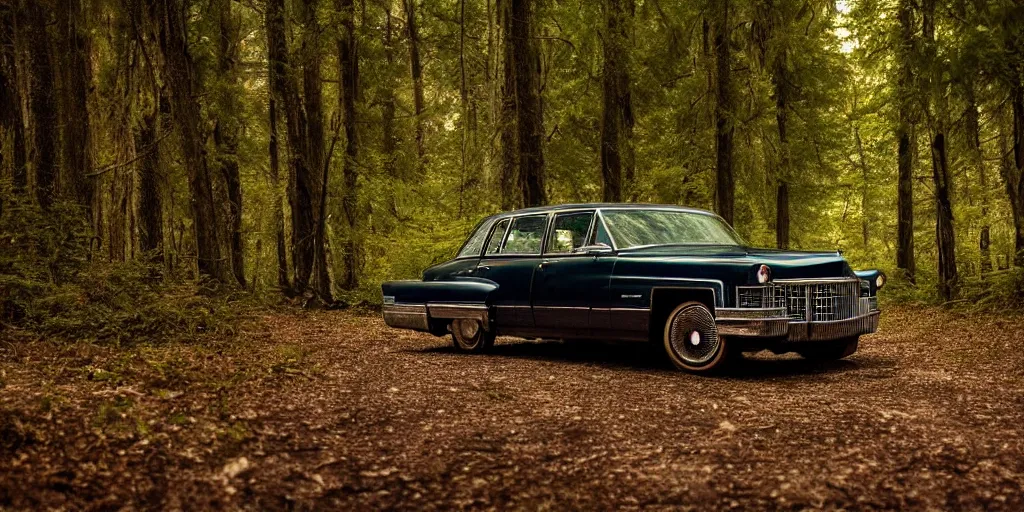 Image similar to a beautiful widescreen photo of a old cadillac in a dark forest, with a old laughing happy old man with long hair, long beard, in a dark forest low light, by dimitri mellos