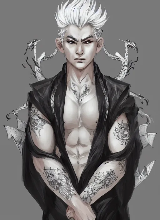 Prompt: a highly detailed illustration of fierce white haired asian man with short white hair parted down middle, wearing white kimono with black shirt, with dragon tatto, with black sclera eyes, heroically battle posing, muscular, intricate, elegant, highly detailed, centered, digital painting, artstation, concept art, smooth, sharp focus, league of legends concept art, WLOP