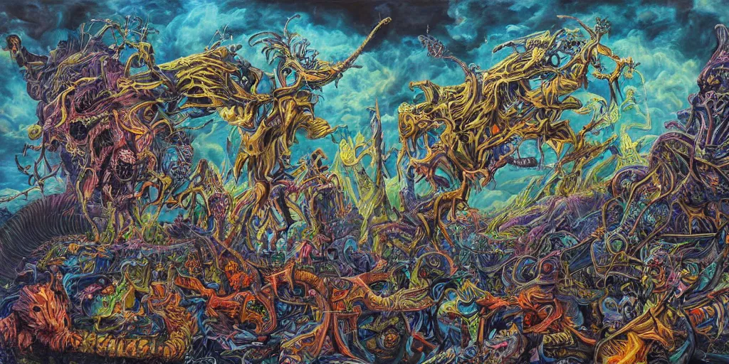 Prompt: a high hyperdetailed painting of the war between the monsters of reason vs the monsters of imagination, the merging of determined and undetermined worlds horror and spiritual fantasy creatures, as dichotomies are broken in search of elevation psychedelic surreal magical dystopian technological utopian psycho spiritual art, anarchist art chaotic fulcolor