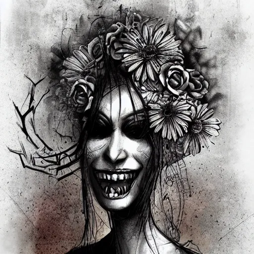 Prompt: grunge cartoon sketch of a human flower mix with a wide smile by - michael karcz, loony toons style, horror theme, detailed, elegant, intricate
