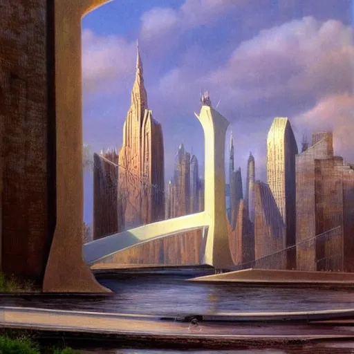 Image similar to by jim burns tranquil, angular. a beautiful land art of a cityscape with tall spires & delicate bridges.