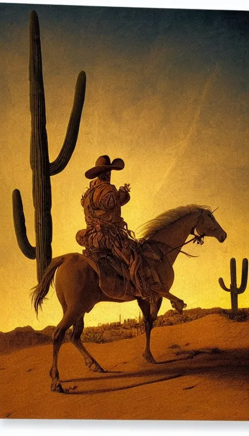 Prompt: painting of cowboy riding horse in the desert sunset, by Leonardo DaVinci, saguaro cacti, golden hour, dramatic lighting, intricate detail, canvas print