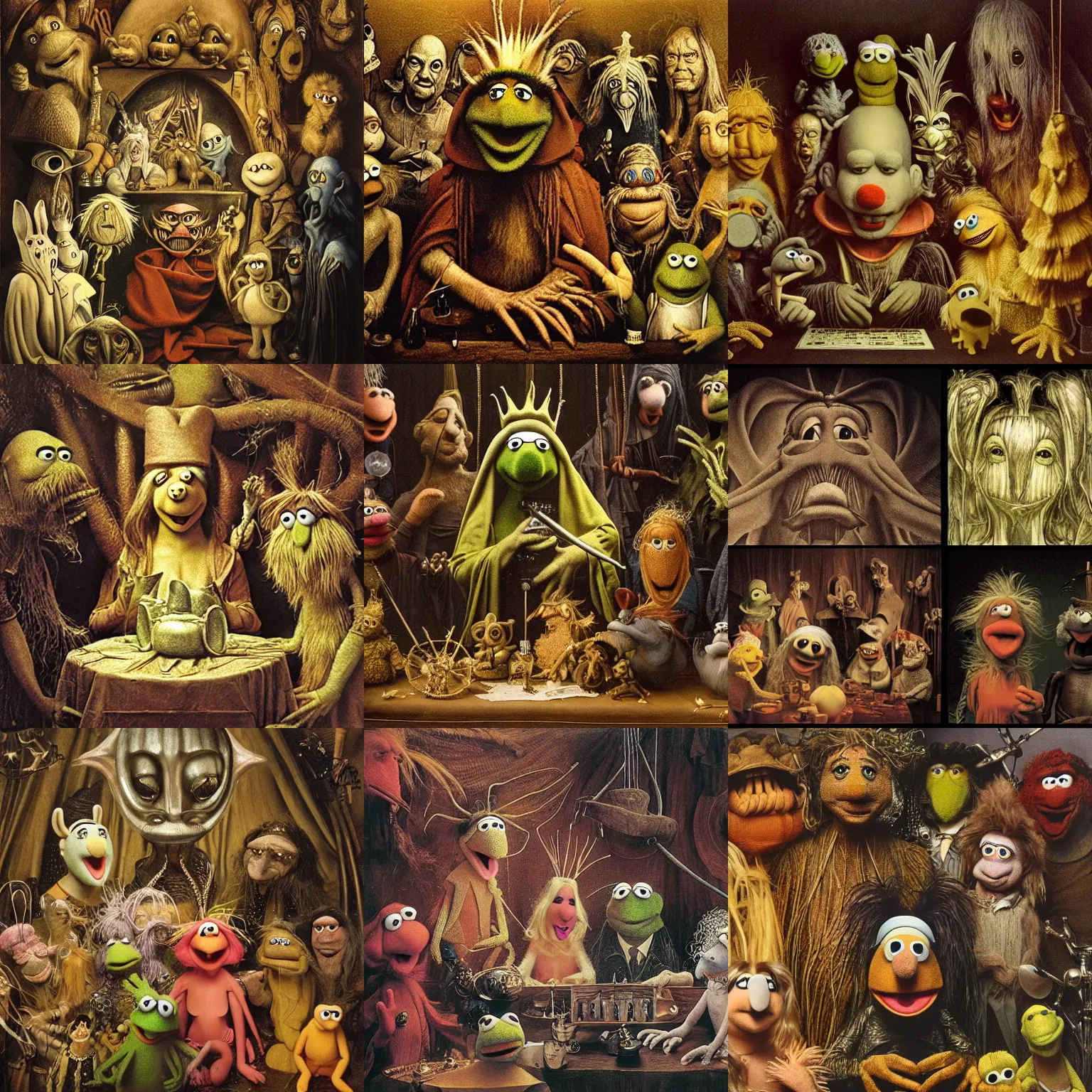 Prompt: the muppet show by h r giger and hieronymus bosch brian froud 8 k mood lighting line tracing cinematic