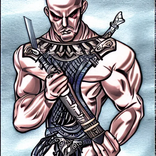 Image similar to muscular bald man, tattooed body, sword in hands, HD, anime style,