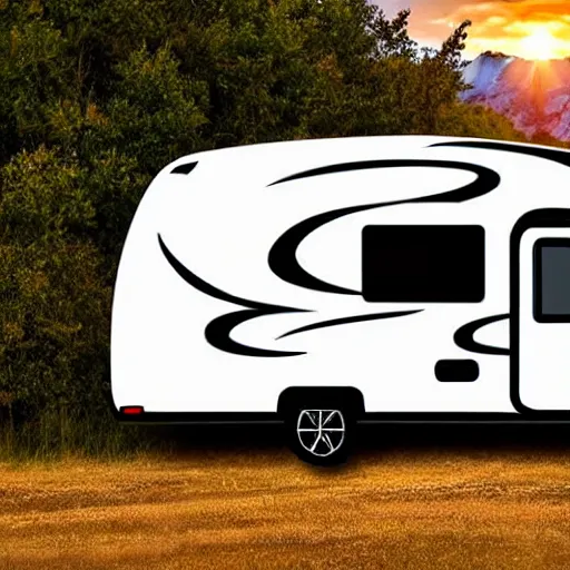 Image similar to logo, white and black cute thor chateau motorhome camper, highway, mountains and sunset!!, everything enclosed in a circle, happy, professional colorful logo illustration