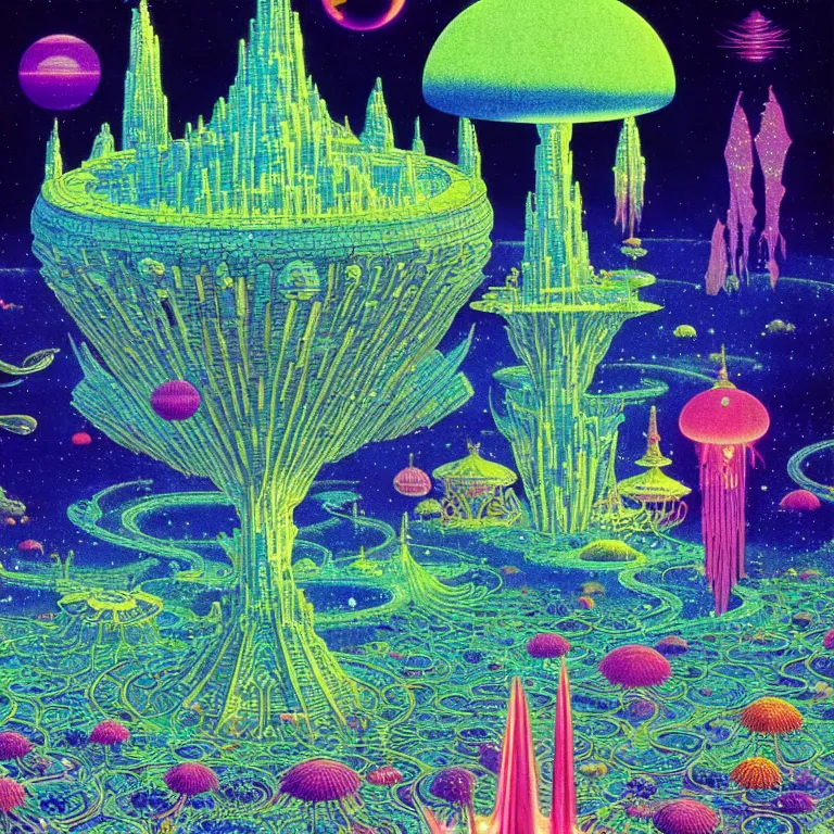 Image similar to mysterious ufo hovering over magical crystal temple, bright neon colors, highly detailed, high resolution, cinematic, hiroo isono, tim white, philippe druillet, roger dean, lisa frank, aubrey beardsley, ernst haeckel