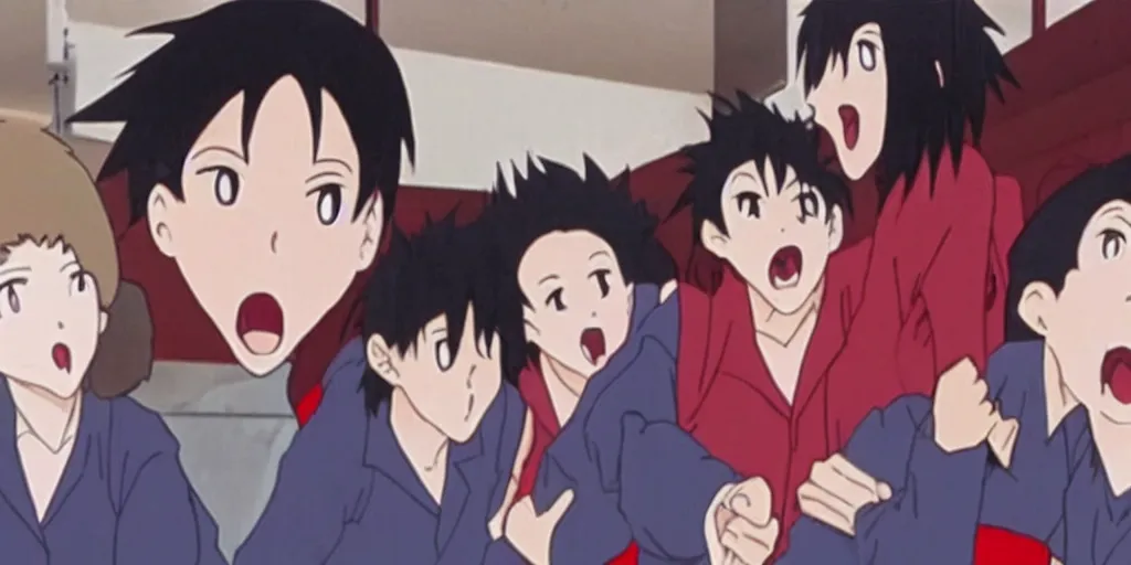 Prompt: a stil of a 90s OVA showing a man with a black hair wearing a red shirt screaming in a school