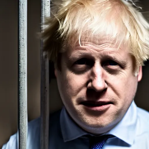 Image similar to movie scene of boris johnson behind bars, photorealistic, highly detailed 8 k