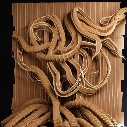 Image similar to cardboard cutout of tentacles, cut out of corrugated cardboard, realistic, cardboard cutout, flat, hyperrealistic photography