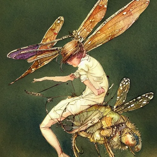 Image similar to a fairy riding a dragonfly, muted color, watercolor ink illustration, painterly, splatters, detailed, by jean - baptiste monge, by alan lee