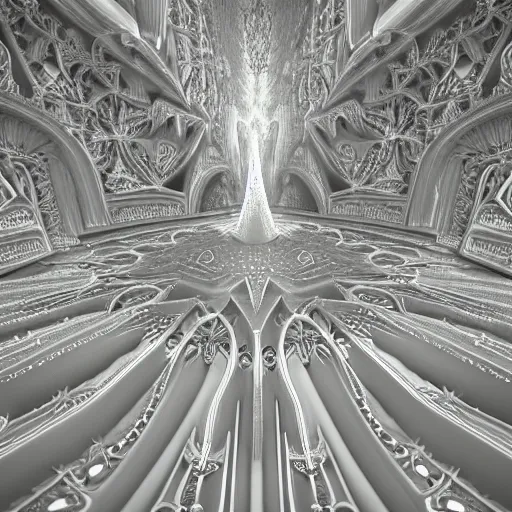 Prompt: a beautiful 3 d octane render of a massive sprawling fractal cathedral interior populated by mandelbrot fractals, unreal engine, carved ivory, white, volumetric lighting, hyperrealistic, sharp, glowing, carved marble, opalescent, carved soap, neon, sacred geometry, religious, angelic, catholicpunk, photorealism, 8 k, ultra detailed