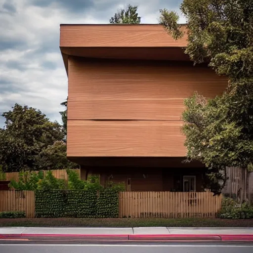 Prompt: view of a house from the street. wood accent. style: retro futurism